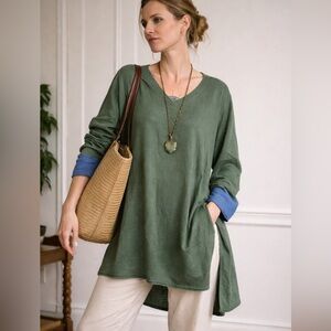 Gudrun Sjödén Green Linen Tunic Dress L Linen Scandinavian Artsy Boho Minimalist